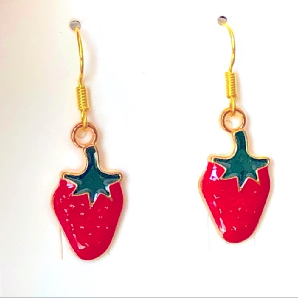 New Strawberry Dangling Drop Enamel Fruit Mini Food Dainty Handmade Earrings